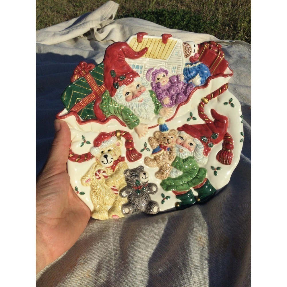 Fitz and Floyd 8.5” holiday elf ceramic canape plate Christmas‎ bear serveware